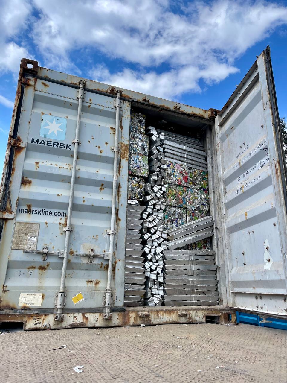 Export container stuffed with aluminium ingots and baled UBC ready for shipment